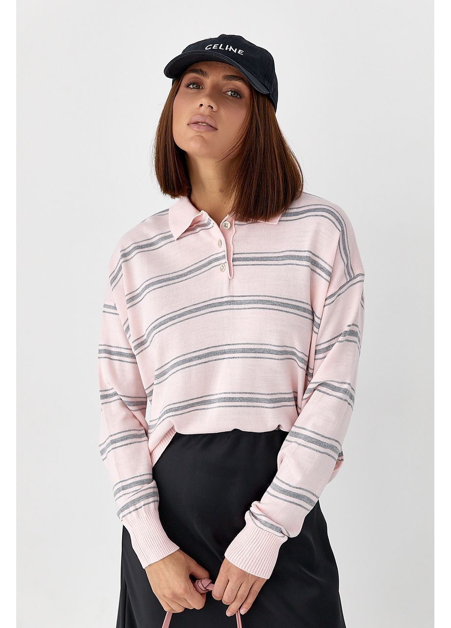 Пудровий демісезонний в'язаний смугастий светр-поло - пудра колір Lurex