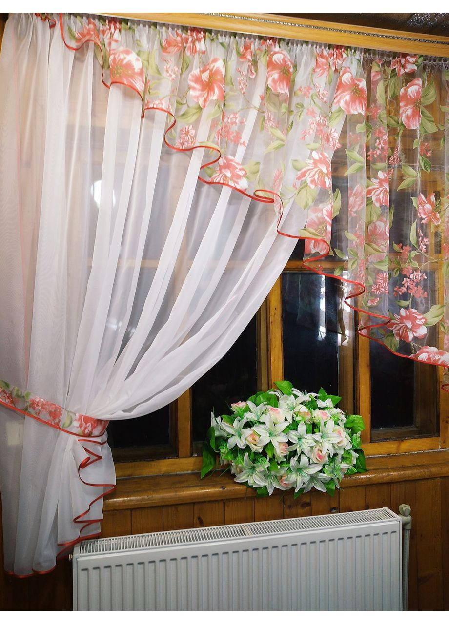 Фіранка кухонна готова коротка Анжеліка біла яблуневий цвіт коралл ліва No Brand (372133989)