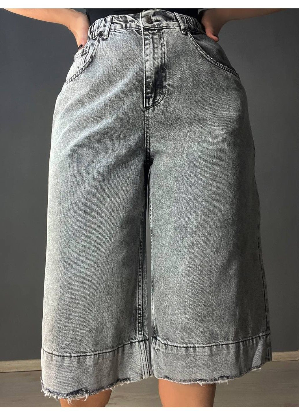 Шорты женские джинсовые 393 бермуды длинные с манжетами талия на резинке серые Sherocco (335364841)