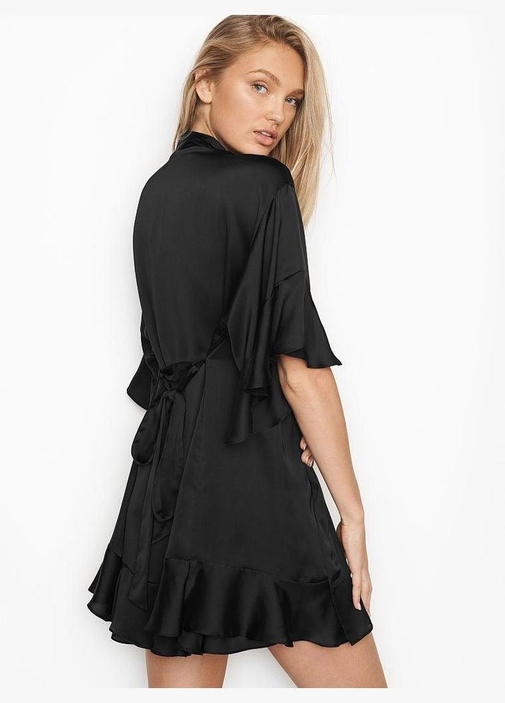Жіночий сатиновий халат Satin Flounce Robe M/L чорний Victoria's Secret (282964572)