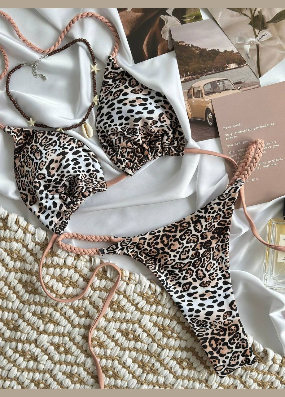 Бежевий літній трендовий мінімалістичний купальник лео роздільний Vakko