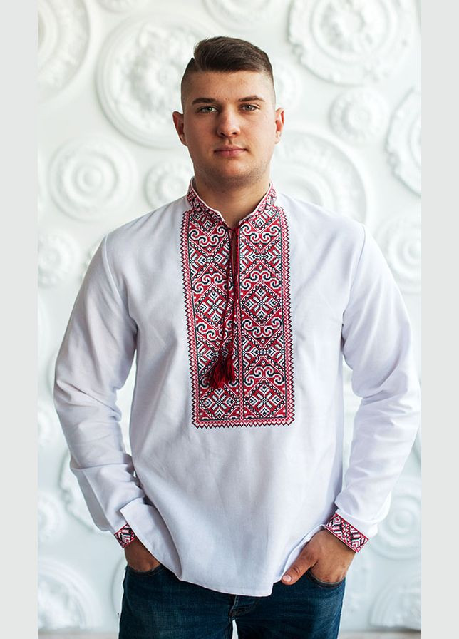 Белая мужская вышиванка vishivano4ka узор геометрический прямой хлопок (308386009)