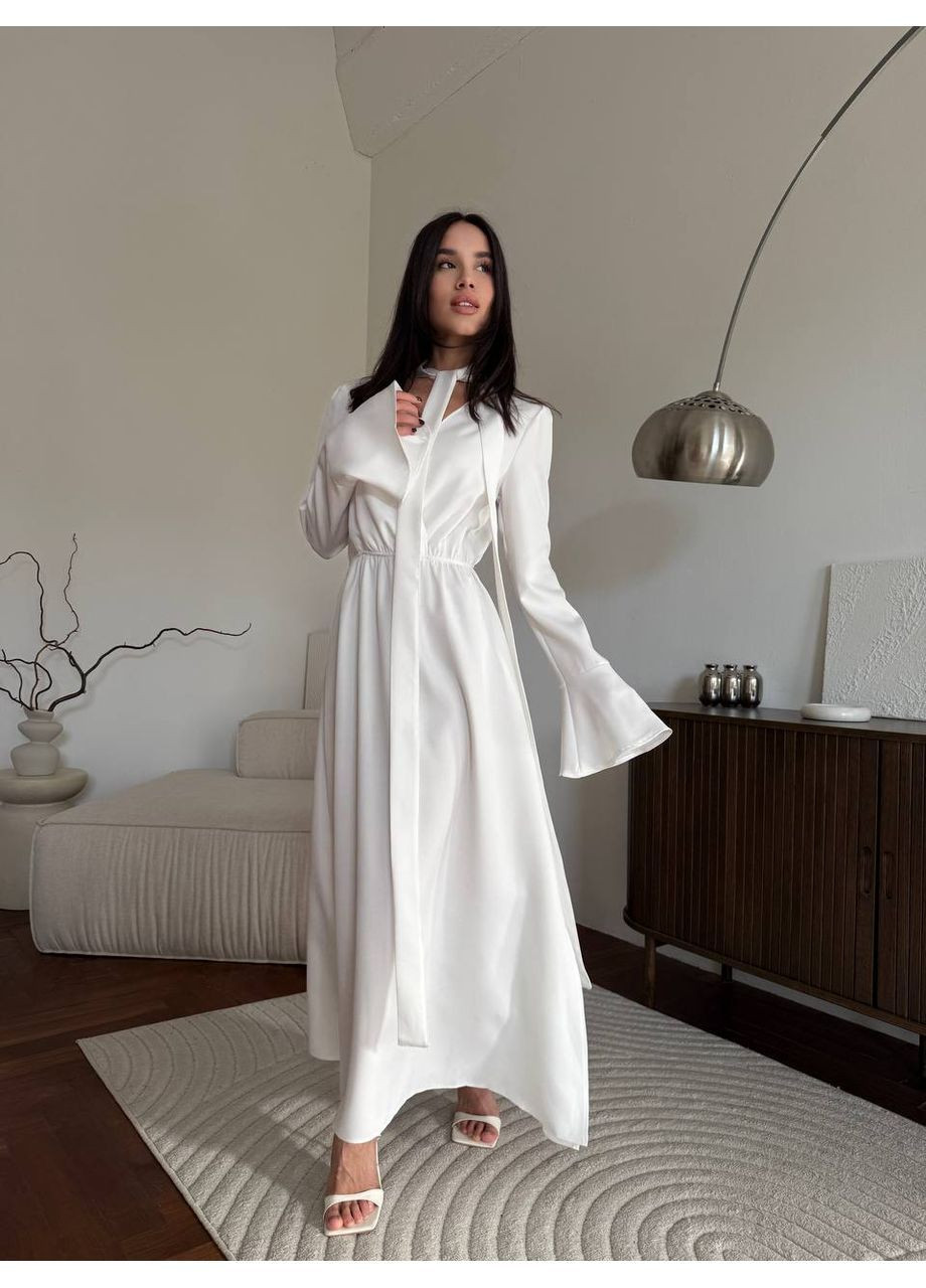 Молочное праздничный, вечернее женское платье меди с акцентом на талии MonCher