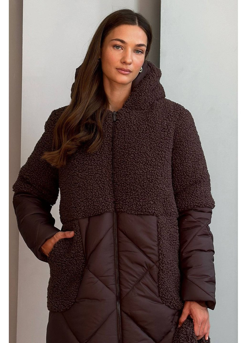 Темно-коричневе зимнє Пальто зі штучним хутром, колір Темно-коричневий Nenka