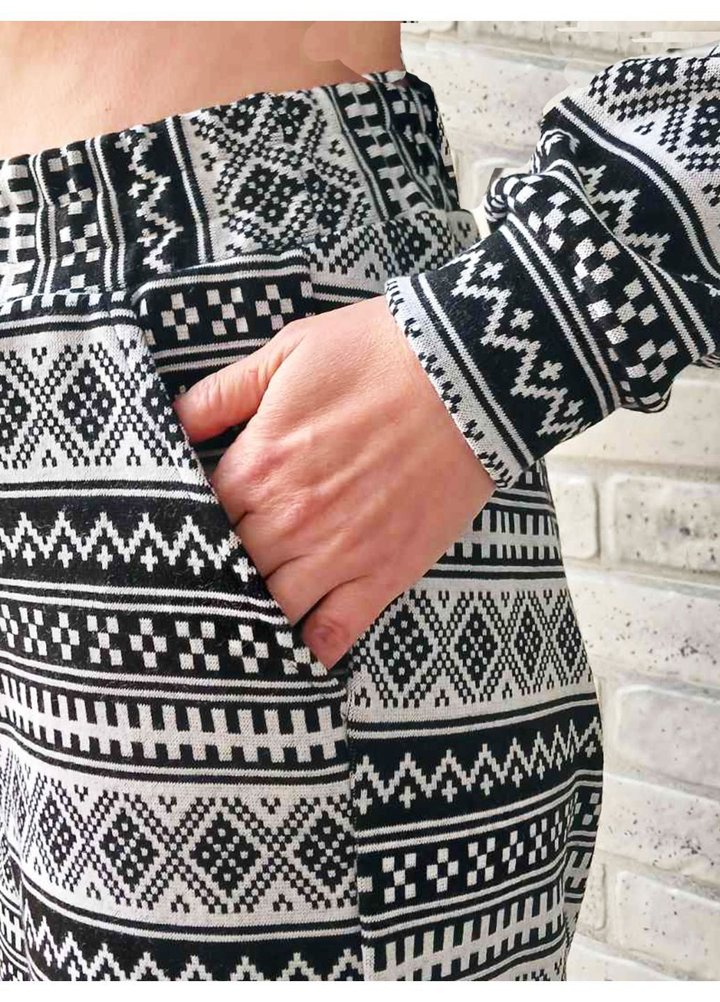 Чорно-біла домашній костюм - піжама жіночий орнамент зимовий батал No Brand