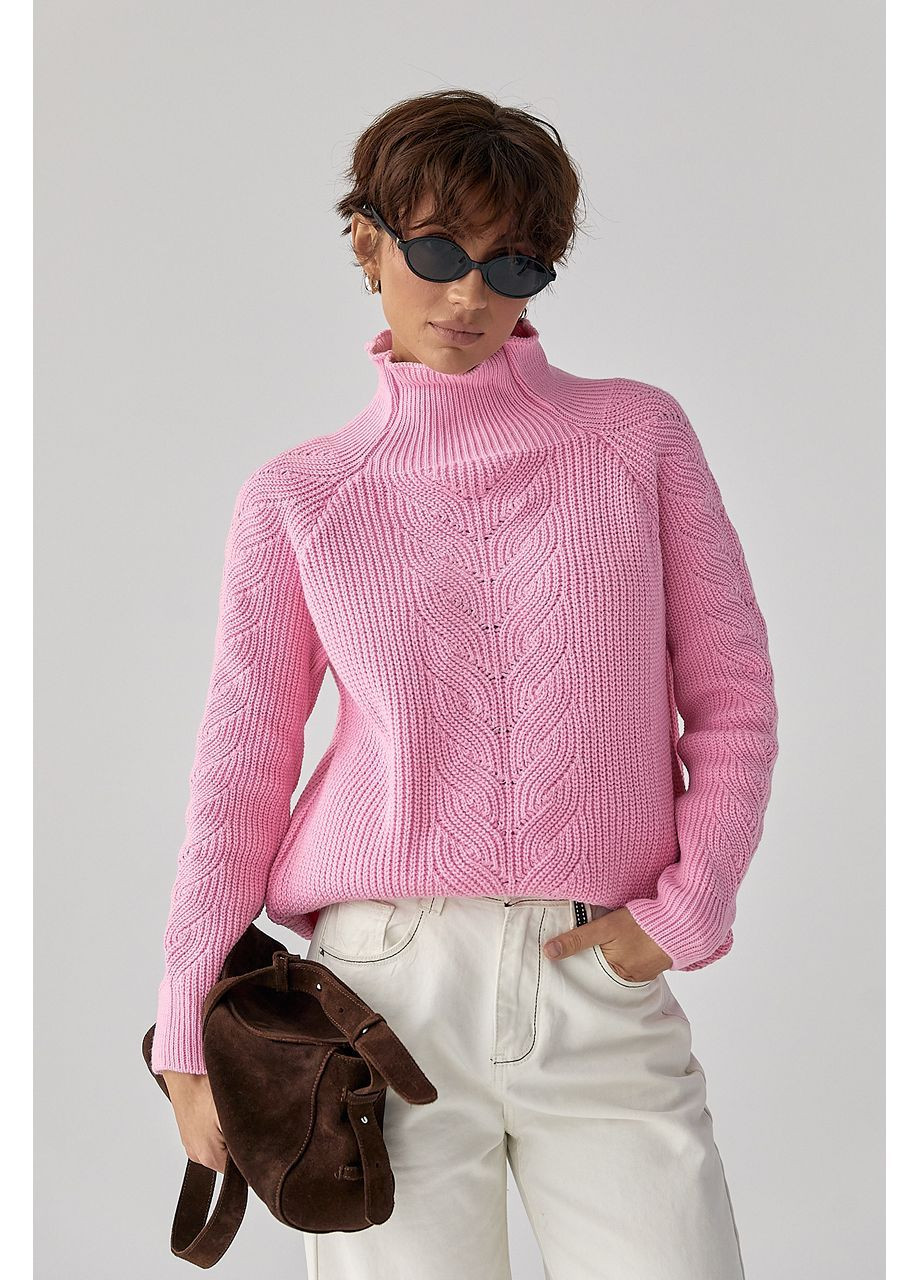 Рожевий зимовий в'язаний жіночий светр з кісками - рожевий колір Lurex