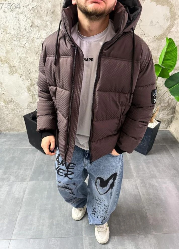 Коричневая зимняя пуховик drapp с патчем No Brand