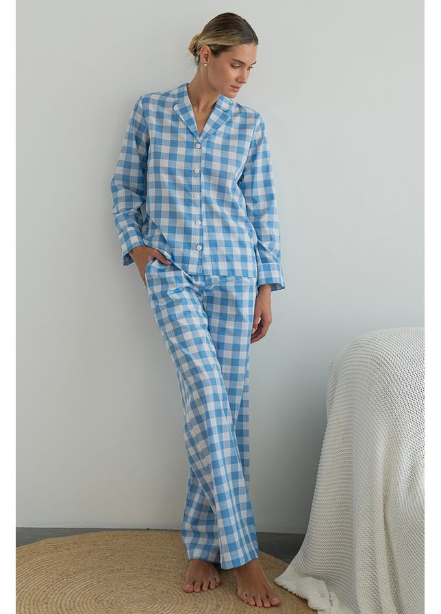 Голубая всесезон пижамный хлопковый костюм с брюками blue plaid Forly
