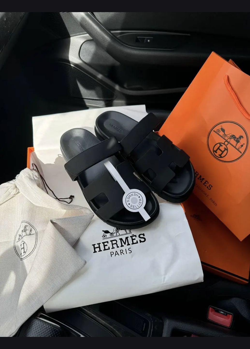 Черные шлепанцы женские hermes slippers total black premium No Brand