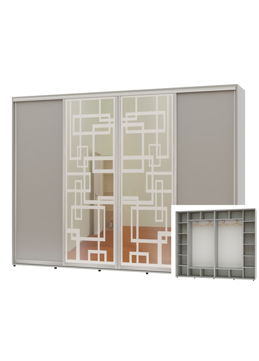 Шафа-купе чотиридверна 300*45*250 Сірий 2 ДСП/2 Дзеркала з піскострумним малюнком Алекса (360452191)