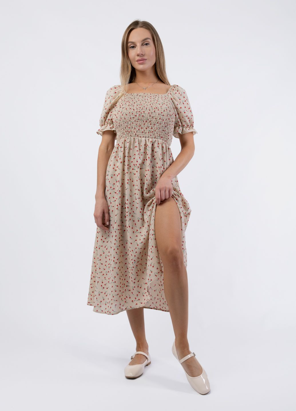 Бежева кежуал сарафан жіночий 2395-1 бежевий з відкритими плечима 346145 Power