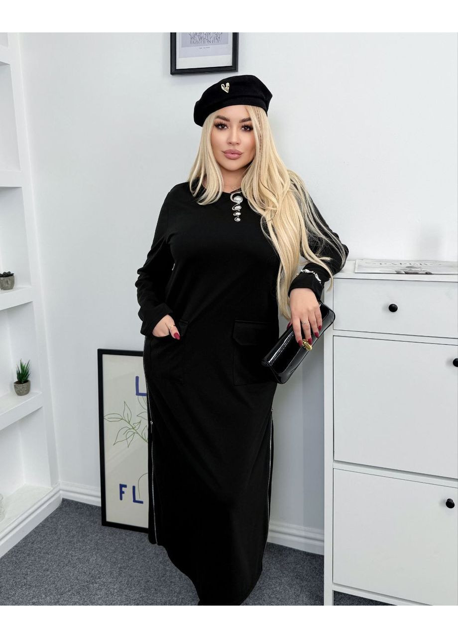 Черное праздничный платье оверсайз из итальянского трикотажа с двумя рабочими молниями — замеры в описании силуэтная DK/DL Мода без кордонів однотонное