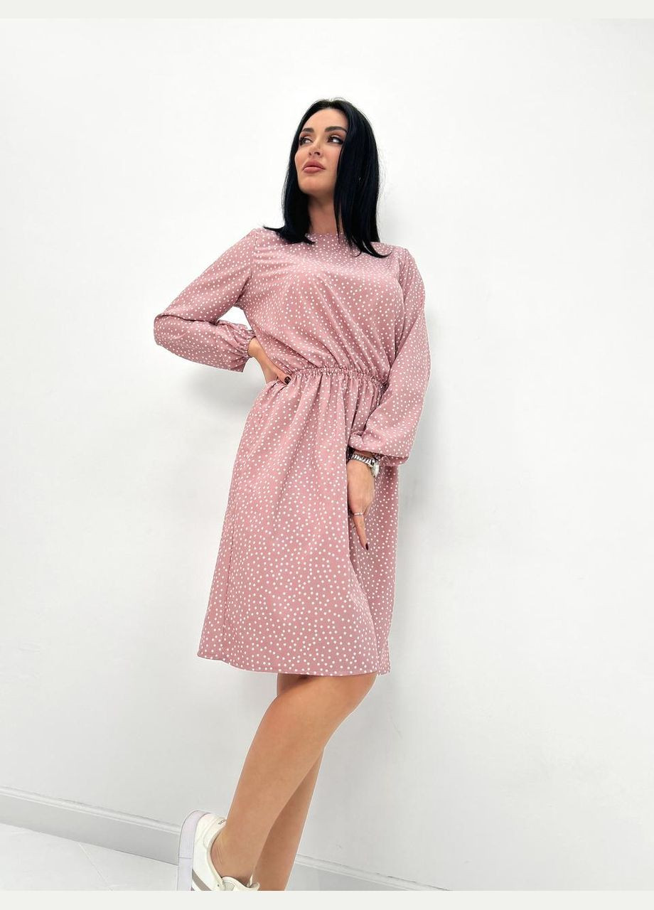 Пудровое женское платье в горошек с длинными рукавом Fashion Girl