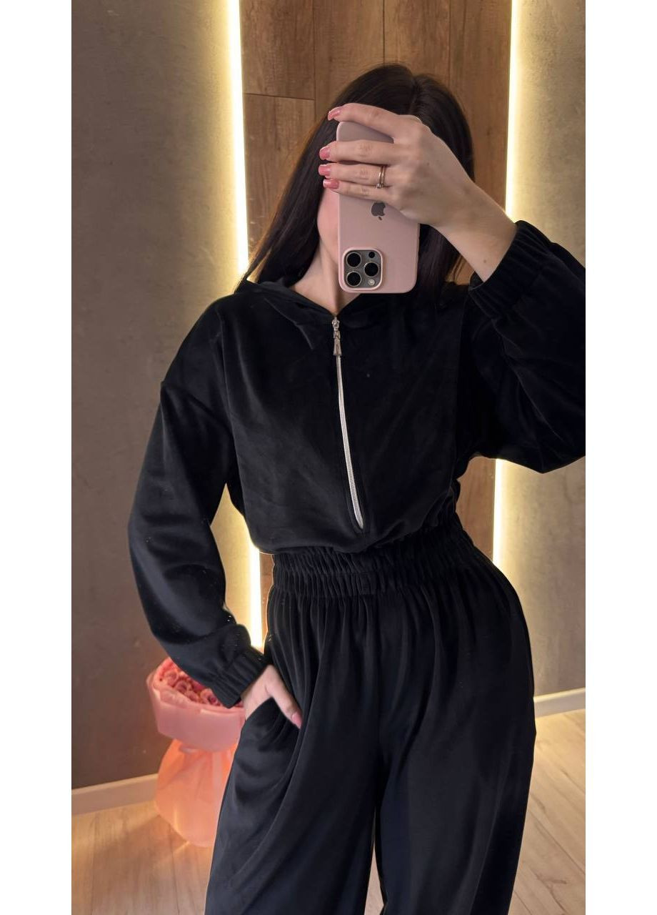 Жіночий велюровий комбінезон з капюшоном та акцентом на талії MonCher комбінезон-брюки чорний повсякденний велюр