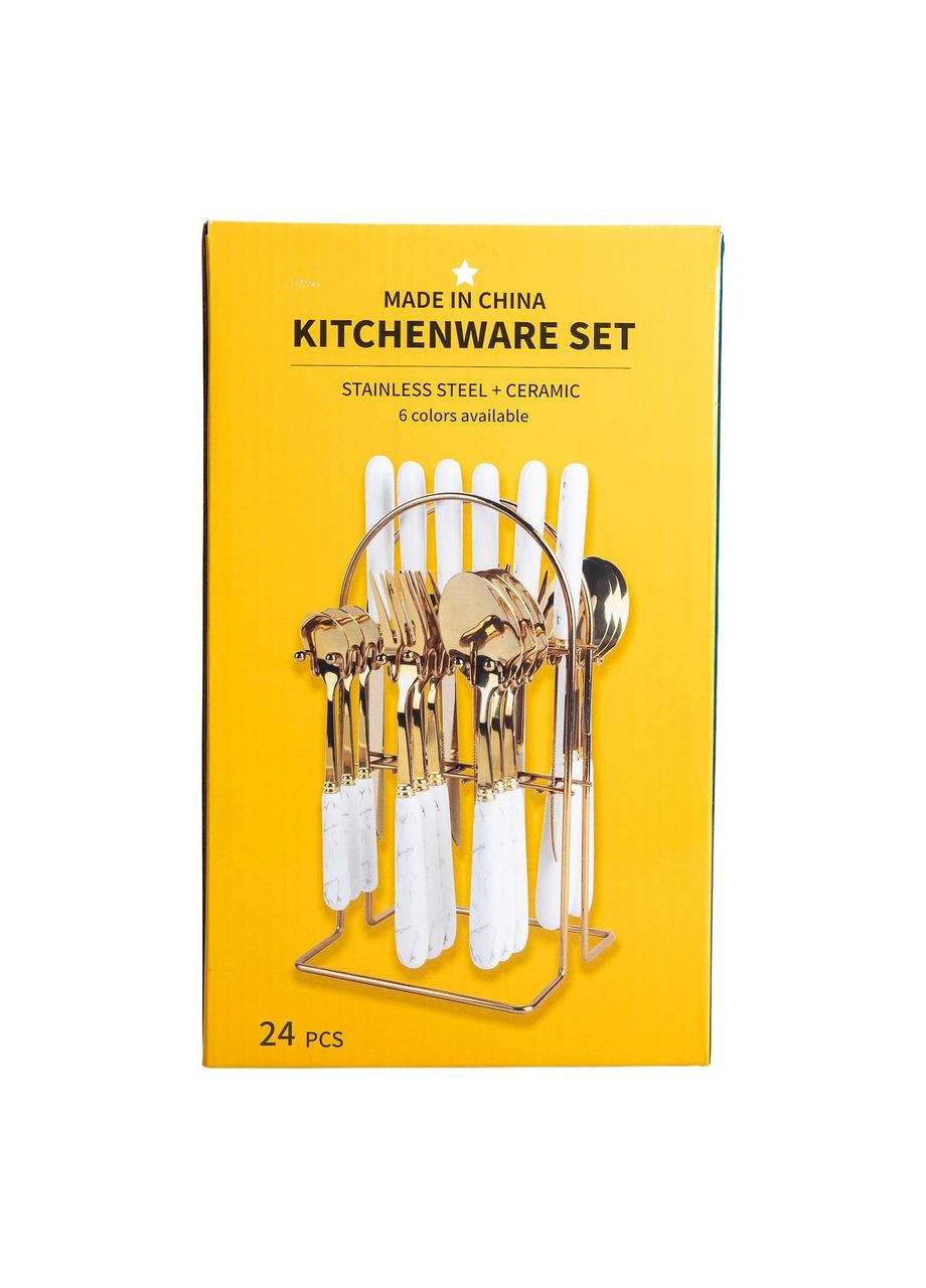 Набір столових приборів на підставці 24 предмети з керамічними ручками, сріблястий Yiwu (325449605)