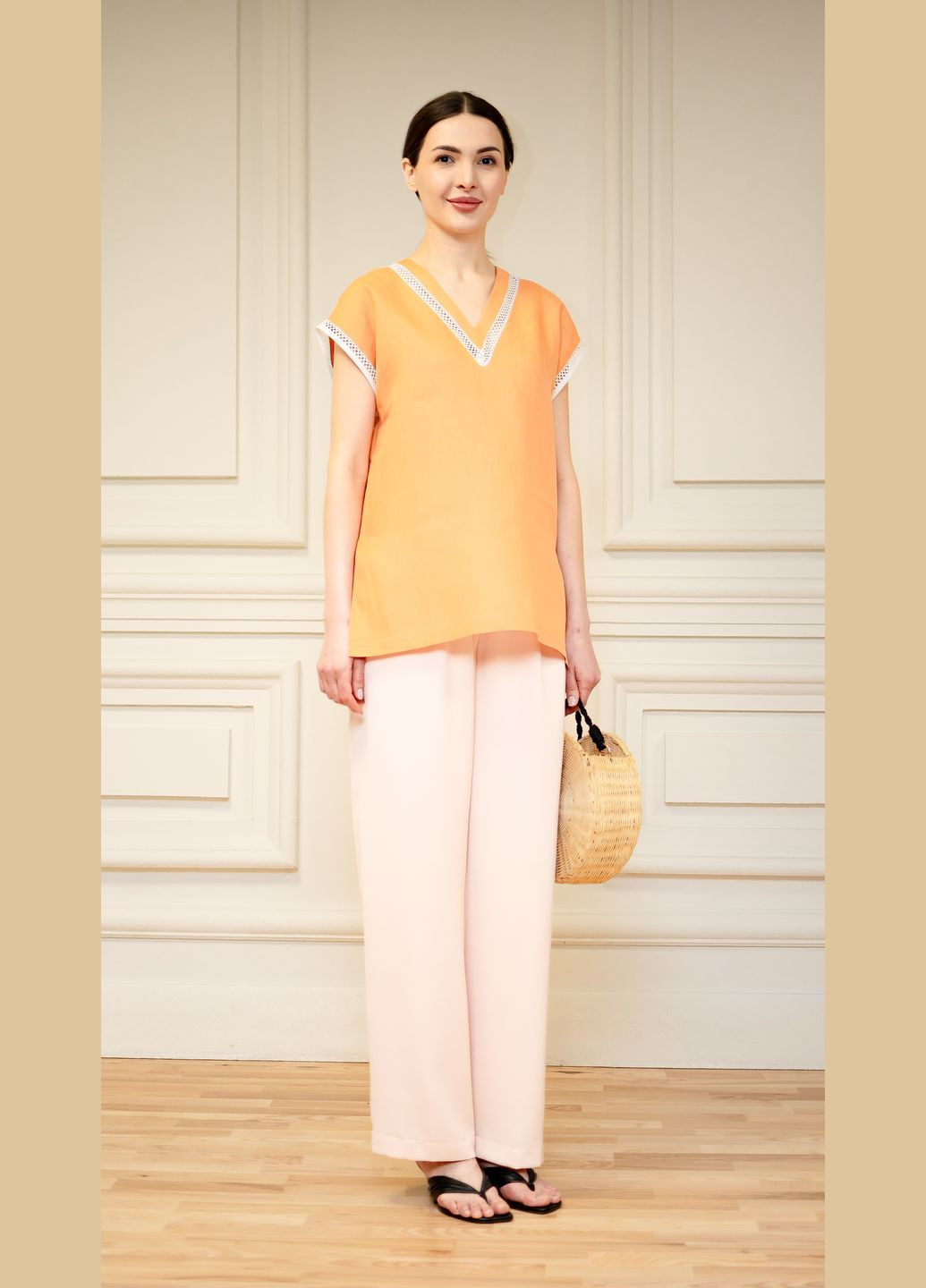 Світло-оранжева лляна блуза з мереживом аліса Dolcedonna