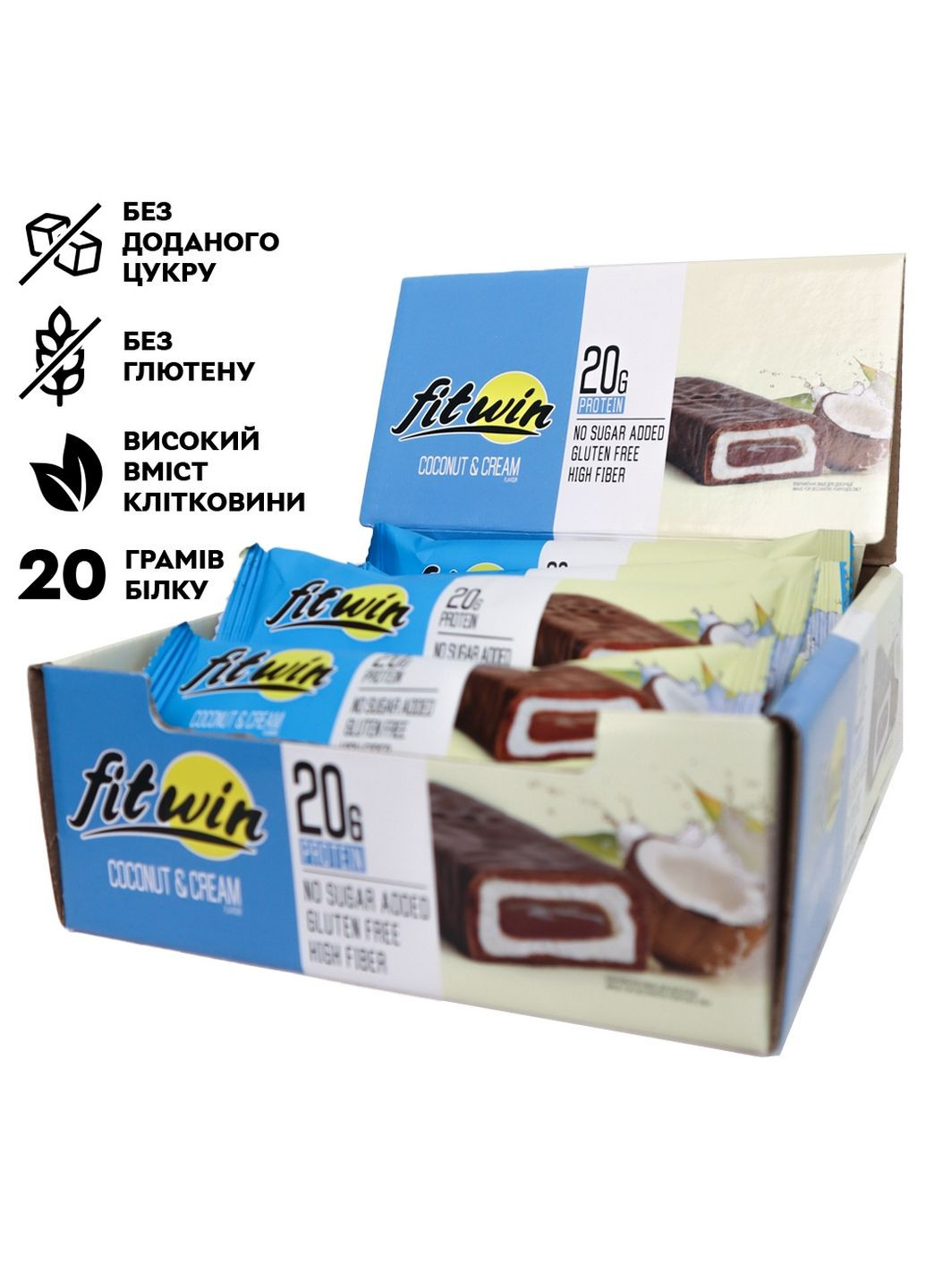 Батончик Protein Bar 20%, 12x60 грам Кокосовий крем FitWin (293340763)