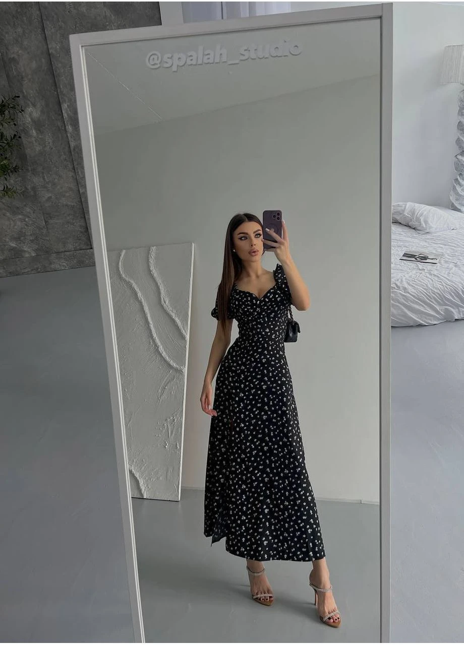 Чорна повсякденний, кежуал, вечірня жіноча сукня а-силует FINO Mode з квітковим принтом