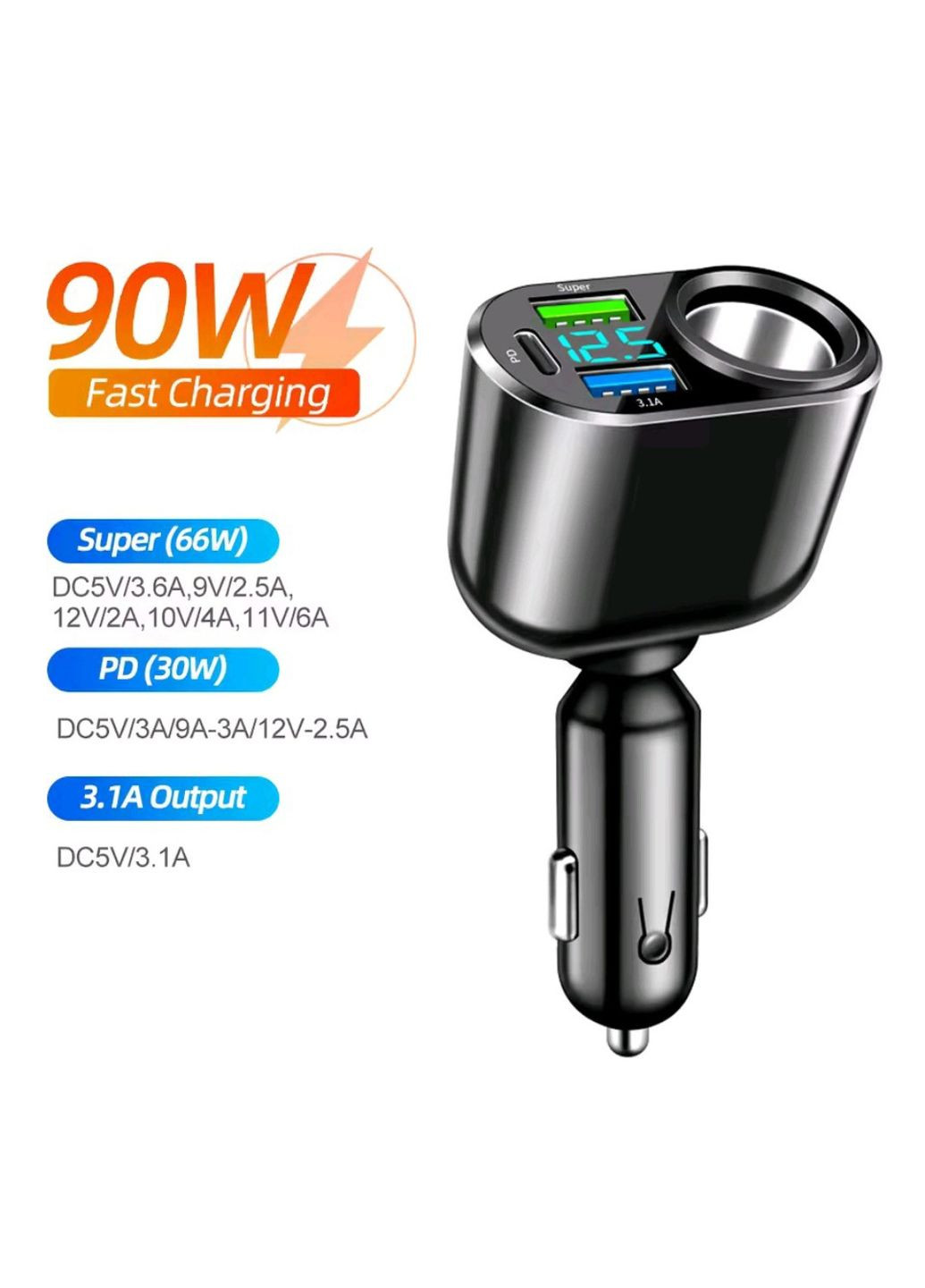 Автомобільна зарядка 2 USB 66 W PD30W QC3.0 з вольтметром 12 В/24 В No Brand (356767870)