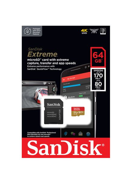 Карта памяти microSDXC 64GB Extreme class 10 UHS-1 U3 + SD адаптер (SDSQXAH-064G-GN6AA) SanDisk (330120589)