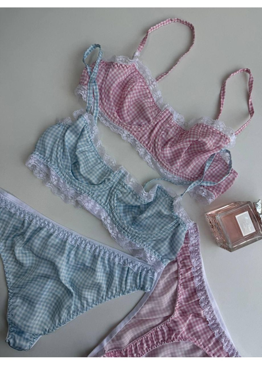 Комбінований демісезонний сексуальний атласний комплект жіночої білизни. комплект спідньої білизни в клітку і мереживом Turkiye