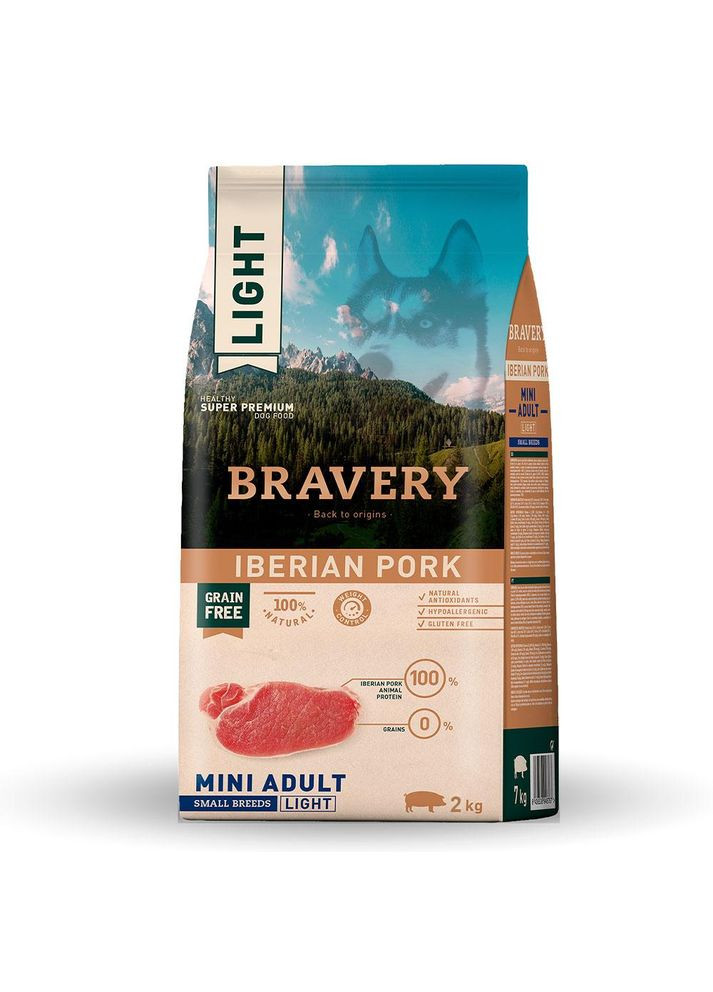 Сухой корм для мелких собак, избыточный вес Iberian Pork Mini Adult Light с иберийской свининой 2 кг Bravery (350197746)