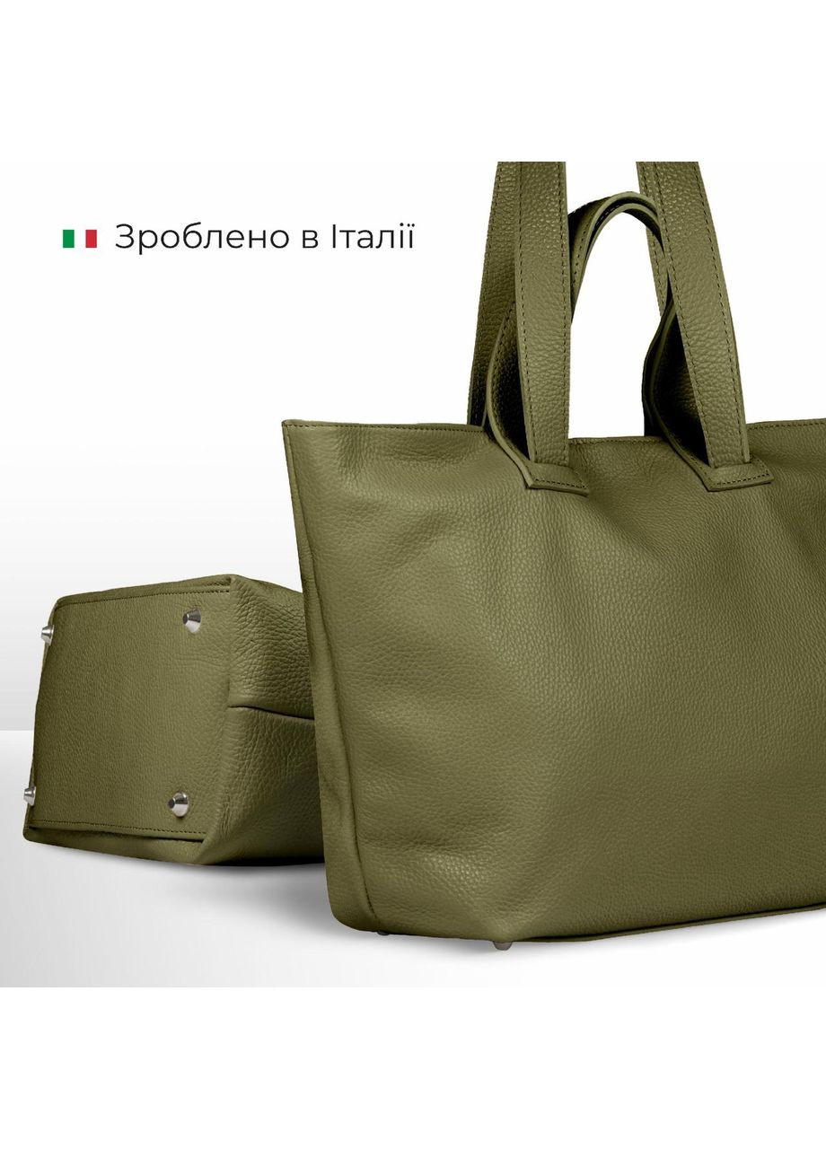 Шопер Оливковий - Італійська жіноча м’яка сумка-шопер із натуральної шкіри з двома парами ручок на блискавці з підкладкою TAKEASY (358223268)