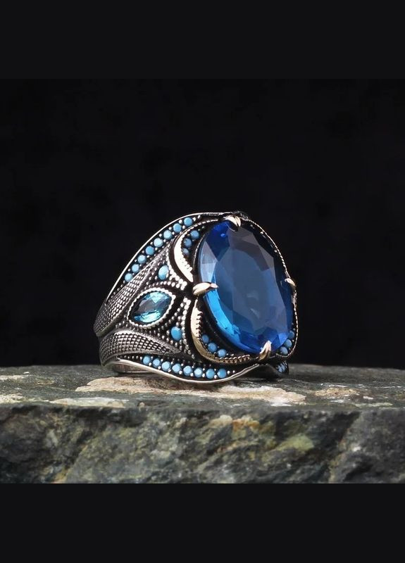 Чоловіча каблучка вінтажна Імператорської влади з синім каменем і блакитними фіанітами розмір 20 Fashion Jewelry (288129393)