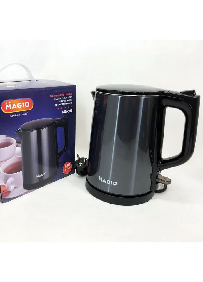 Электрочайник из нержавеющей стали MG-503 Дисковый электро чайник бытовой 1л для приготовления горячих напитков Черный Magio (366734656)