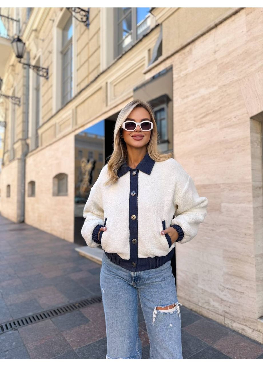 Молочная демисезонная женская куртка из турецкого меха тедди с джинсовыми вставками — замеры в описании куртка-пальто GD/GL Модний простір
