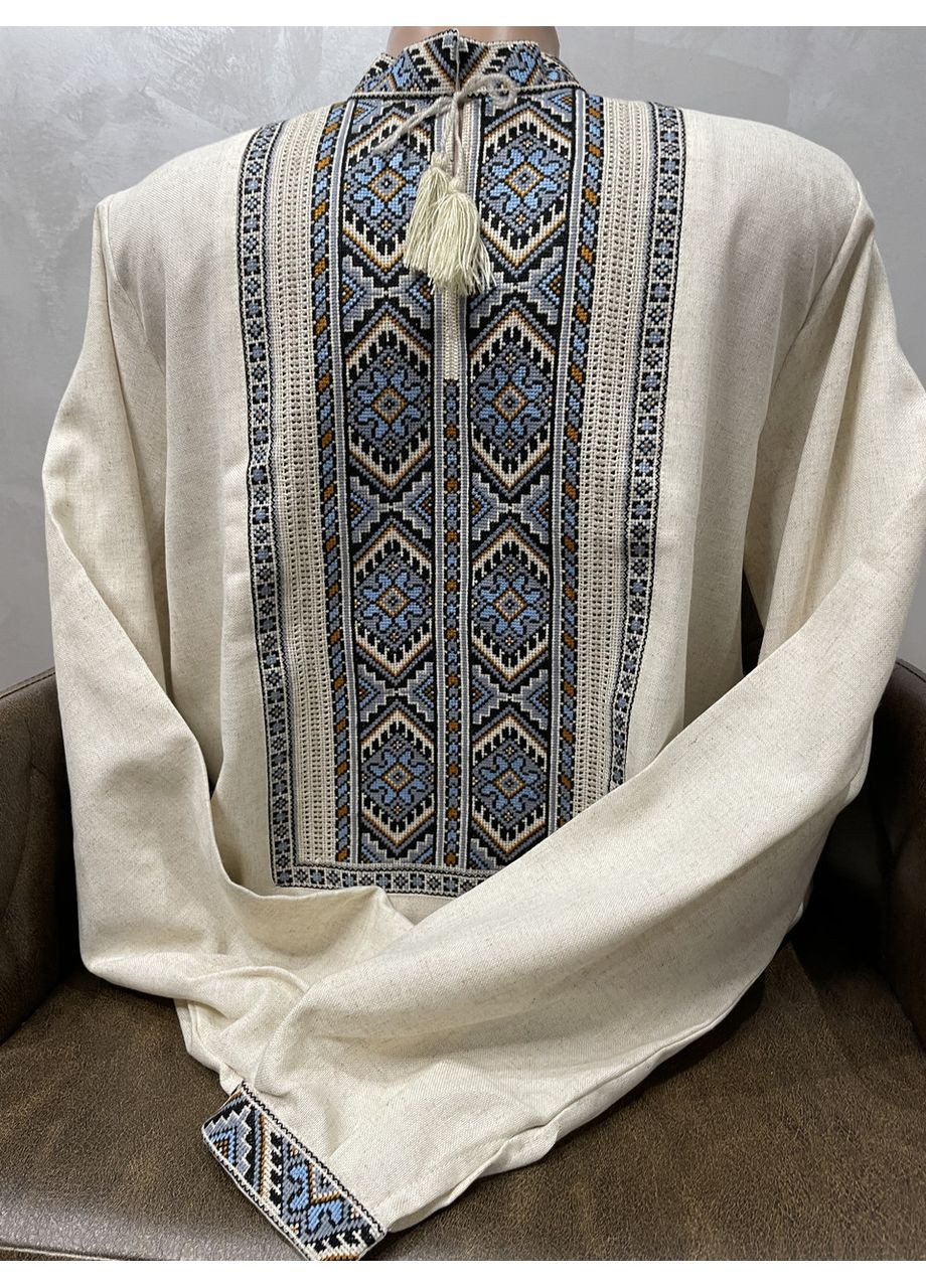 Серая стильная мужская вышиванка на сером льне ручной работы ч-2077. m (371907635)