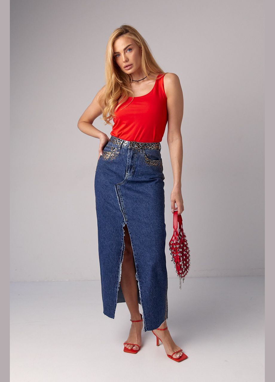 Синяя повседневная, вечерний однотонная длинная джинсовая юбка с леопардовым напылением Liton