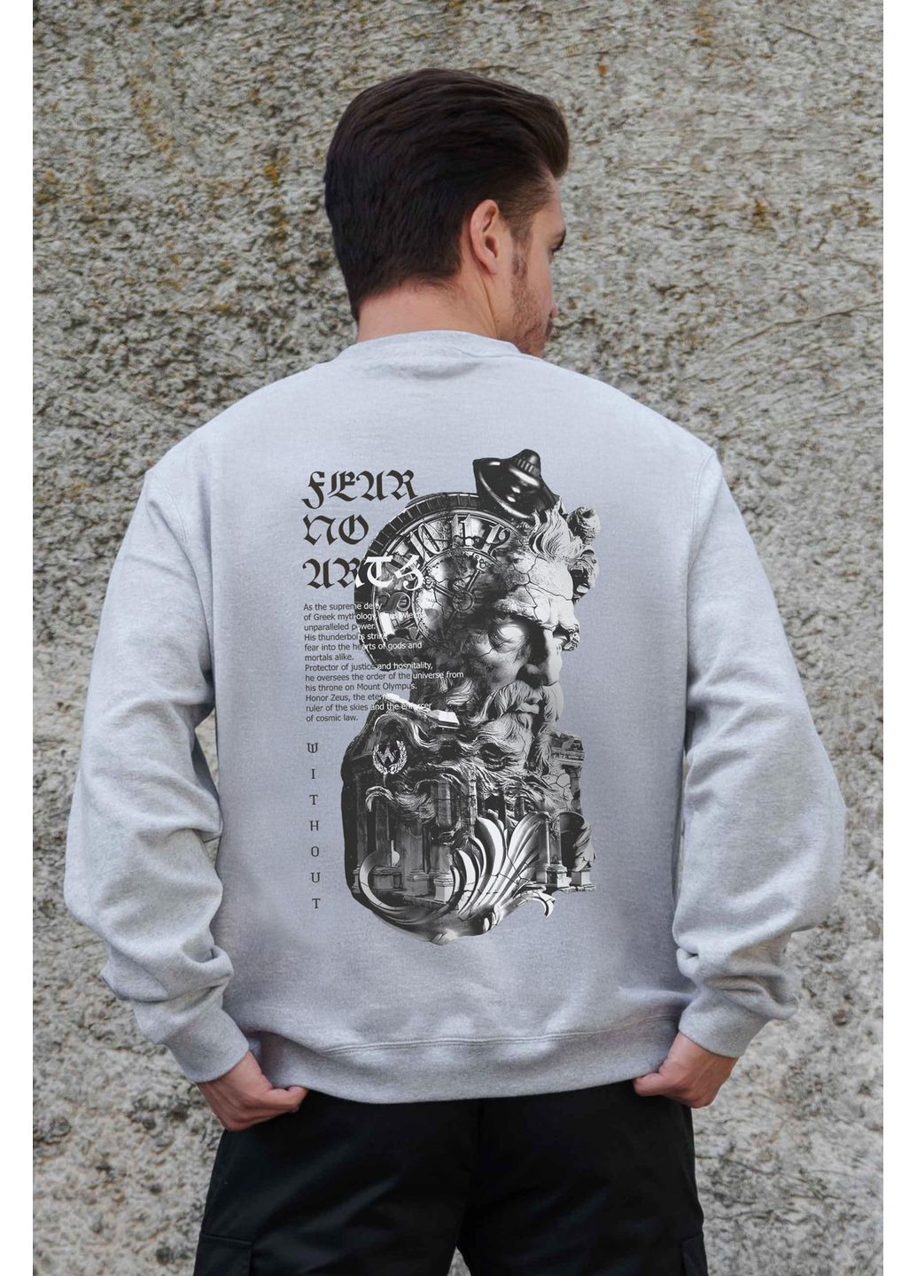 Сірий чоловічий утеплений оверсайз світшот на флісі з принтом greek Without однотонний без декору (361267565)