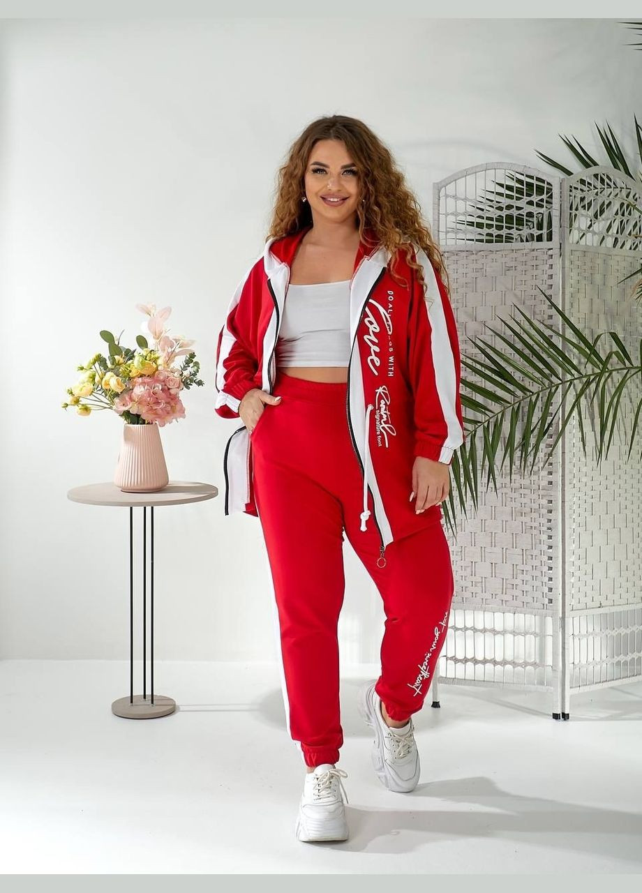 Жіночий спортивний костюм батал великий розмір червоний трикотажний з капюшоном куліскою весняний Bonita Спортивний костюм (322668481)
