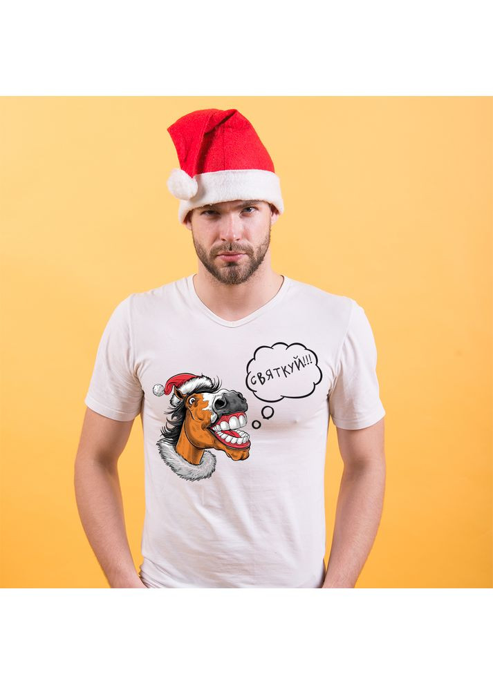Белая футболка белая с оригинальным новогодним принтом «лошадь в новогодней одежде. празднуй» фп013139(s) с коротким рукавом Кавун футболка