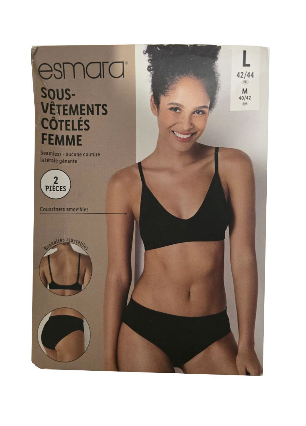 Черный демисезонный базовый комплект белья в рубчик (бюстгальтер топ+трусики слип) Esmara