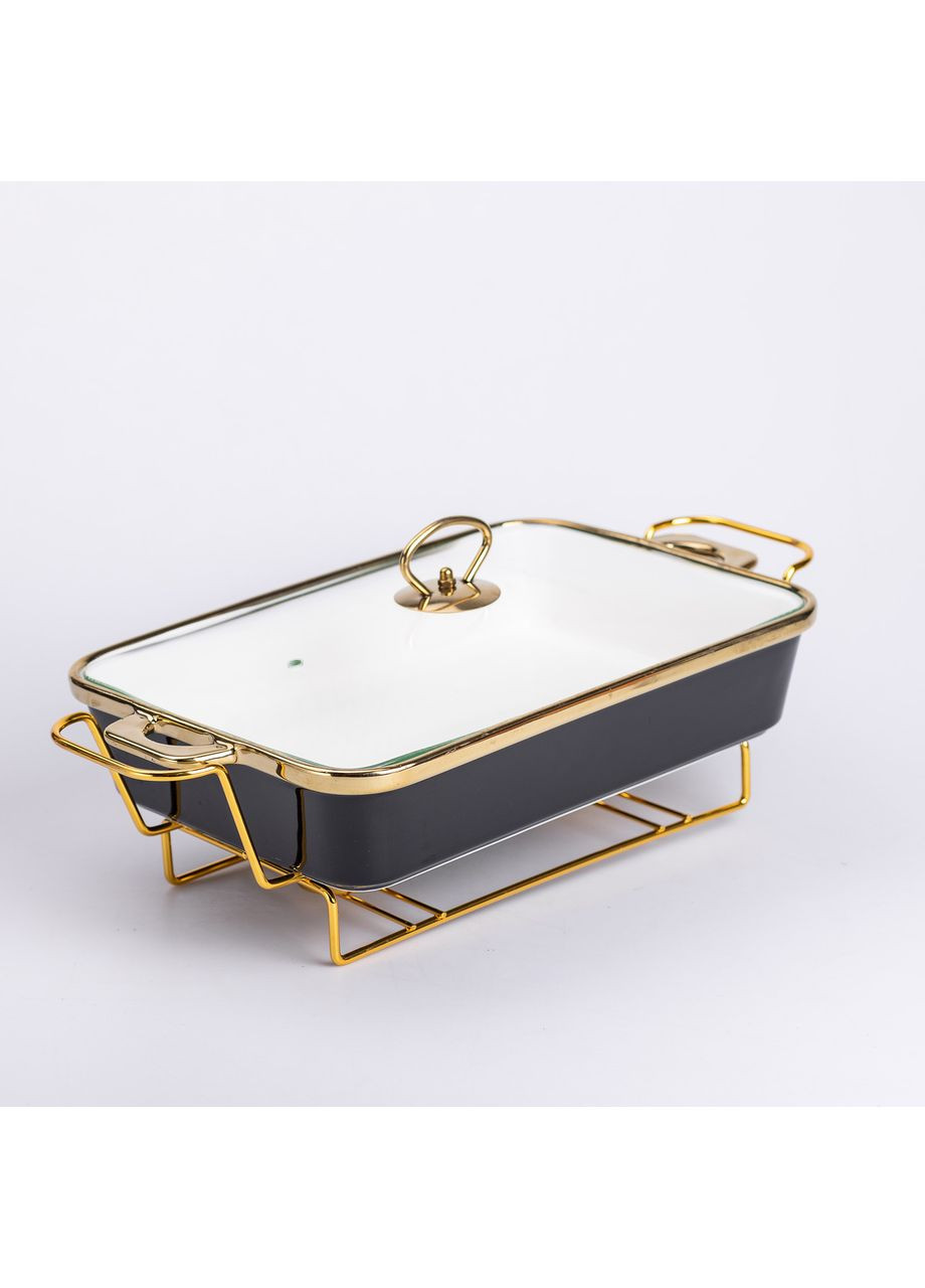 Мармитница керамическая прямоугольная 2 л с подставкой и стеклянной крышкой Черный Yiwu (362456138)