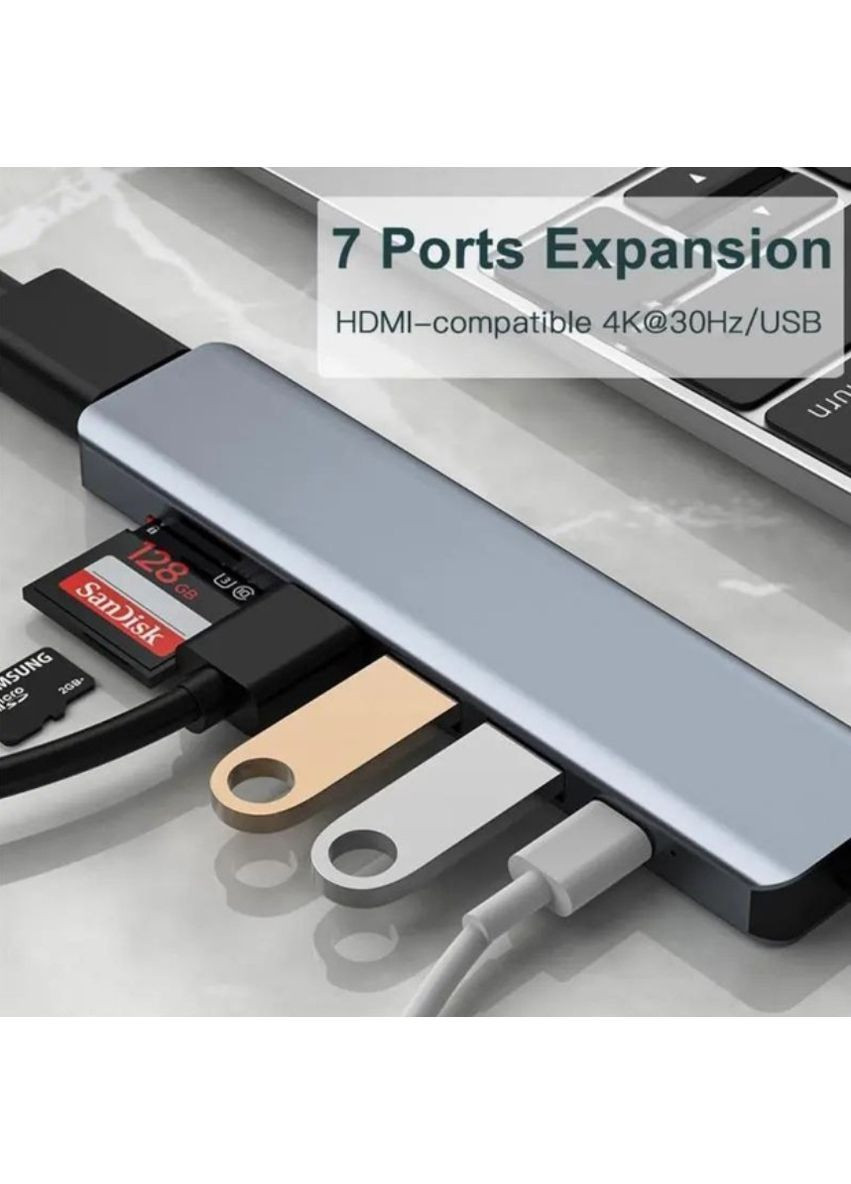 Мультифункціональний USB-хаб 7 в 1, розширювач портів з HDTV, USB 3.0, 2×USB 2.0, кардрідером SD і TF, PD-роз’ємом для зарядки No Brand (364674943)