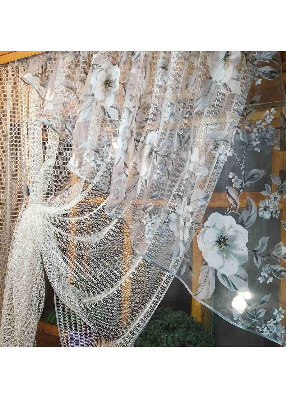 Кухонна фіранка Фаїна молочна яблучний колір сірий права No Brand (372515655)