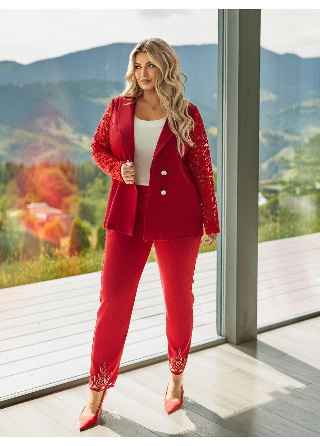 Костюм діловий, з завуженими штанами " Піджак з вишивкою" мод ВДЖВ- 1041, червоний, 52-54 No Brand (355469516)