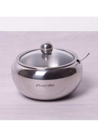 Сахарница 460мл из нержавеющей стали с ложкой и стеклянной крышкой контейнер для сахара и сладостей Kamille (368977892)