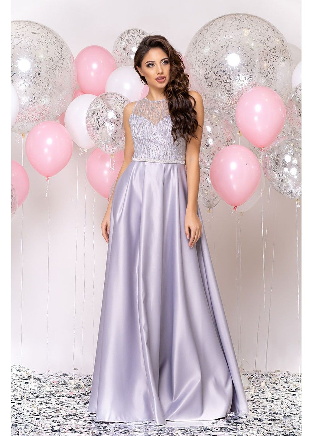 Серое вечернее вечернее платье атлас макси 20024 серо Tanita-Romario