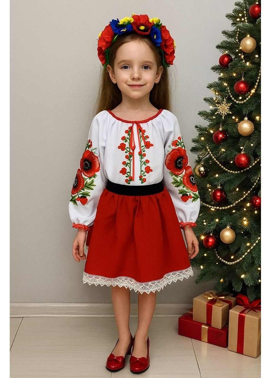 Красная костюм вышиванка для девочки красные маки с черной манжетой на поясе. (359472994)
