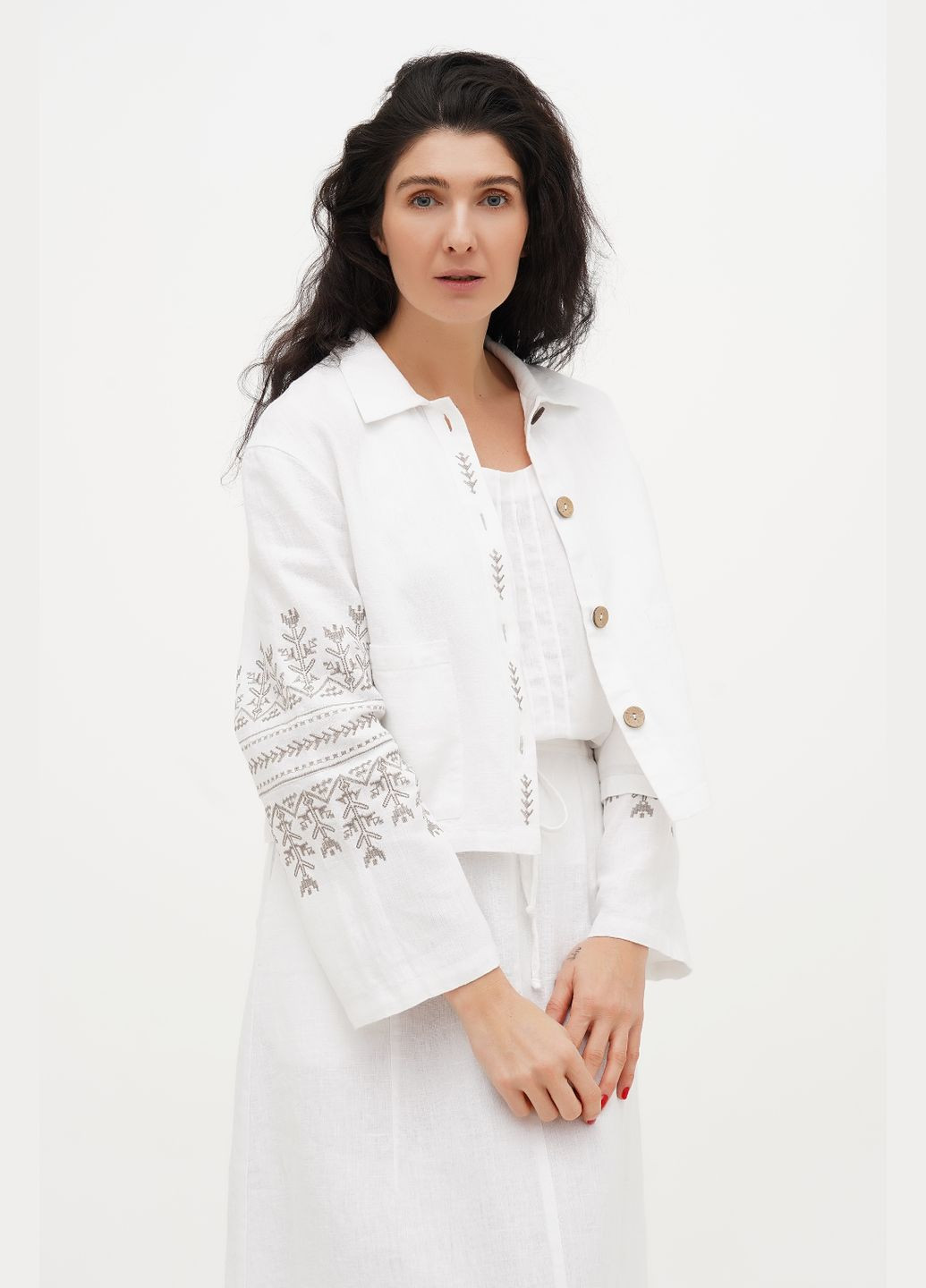 Вишитий жіночий жакет зі щільного льону без підкладки, з кишенями та з орнаментом Живиця., р., код 5431/64/592 ГАЛЕРЕЯ ЛЬОНУ (333164810)