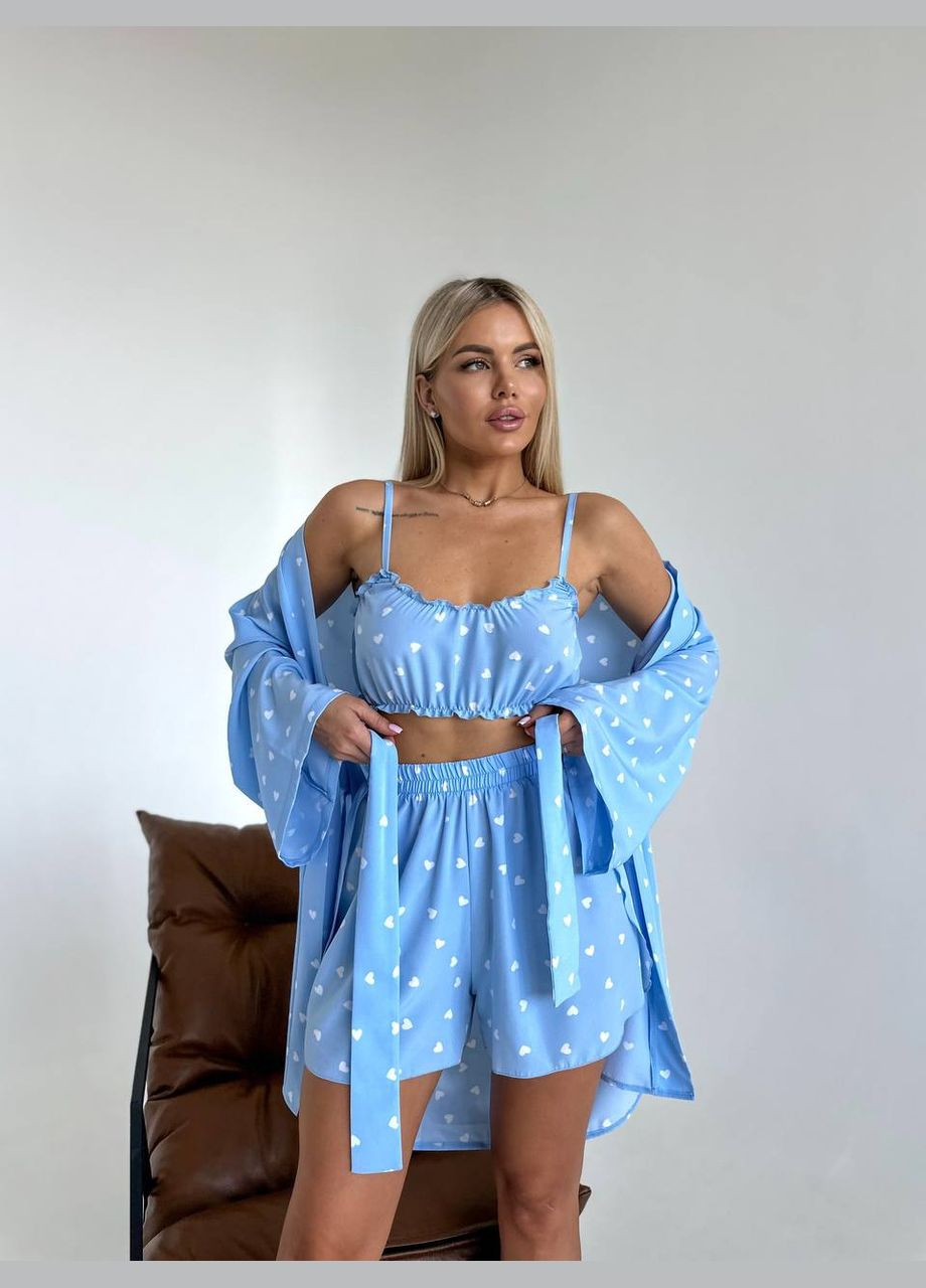 Блакитна всесезон піжама трійка сорочка + шорти + брюки Garna