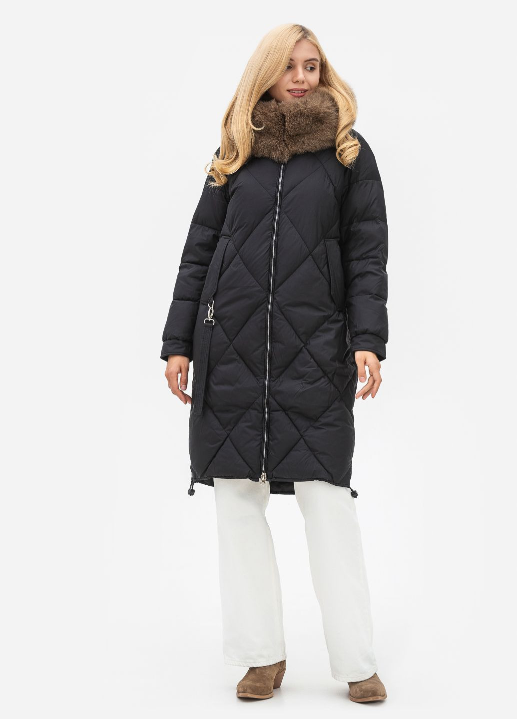 Черная зимняя утепленная куртка-пальто с натуральным мехом модель Nortfolk 352790