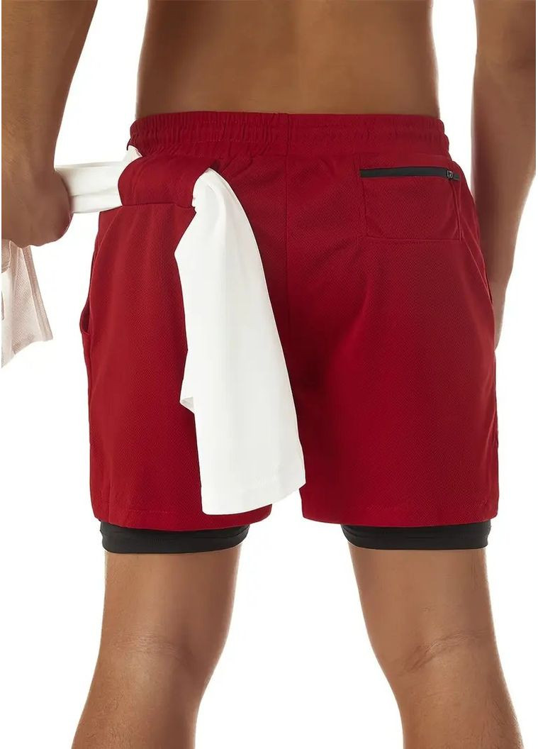 Спортивні чоловічі шорти з тайтсами 2 в 1 та петелькою для рушника червоно-чорні No Brand (341721023)