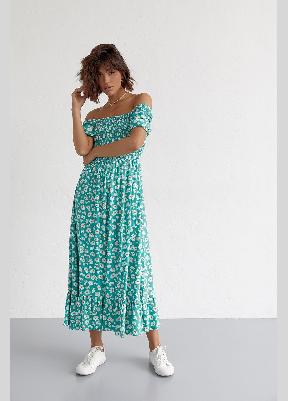 Смарагдова повсякденний, вечірня жіноча довга сукня з еластичною талією та шлярою з відкритою спиною Liton з квітковим принтом