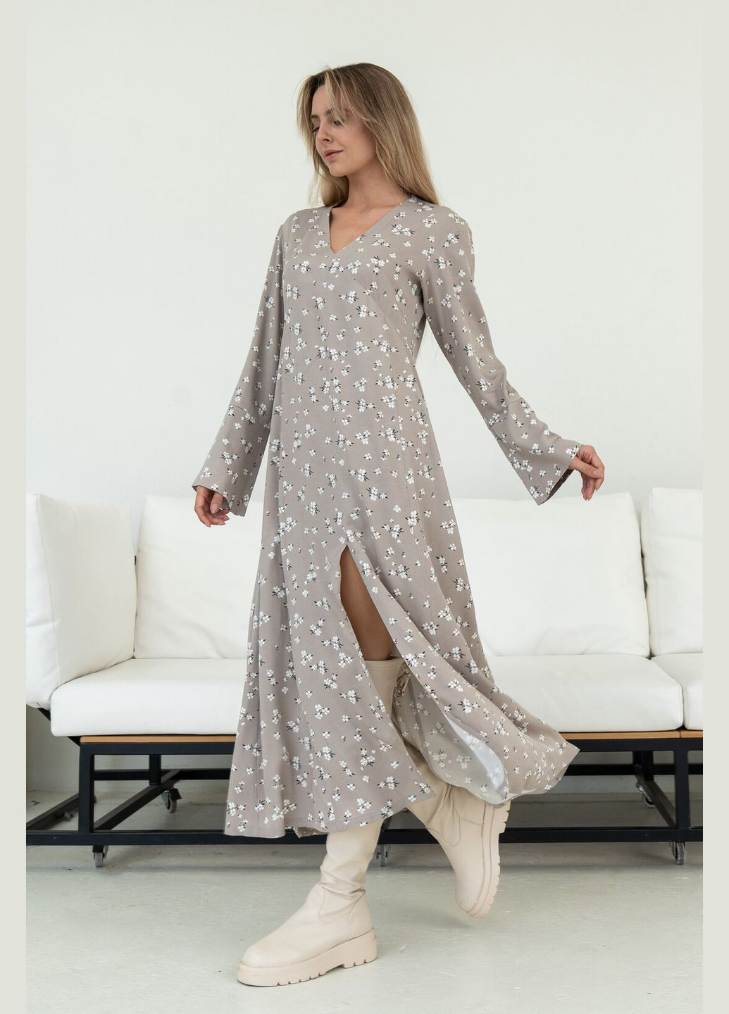 Серо-бежевое кэжуал платье ри мары ингрид вл 2121 с пышной юбкой, а-силуэт RiMari