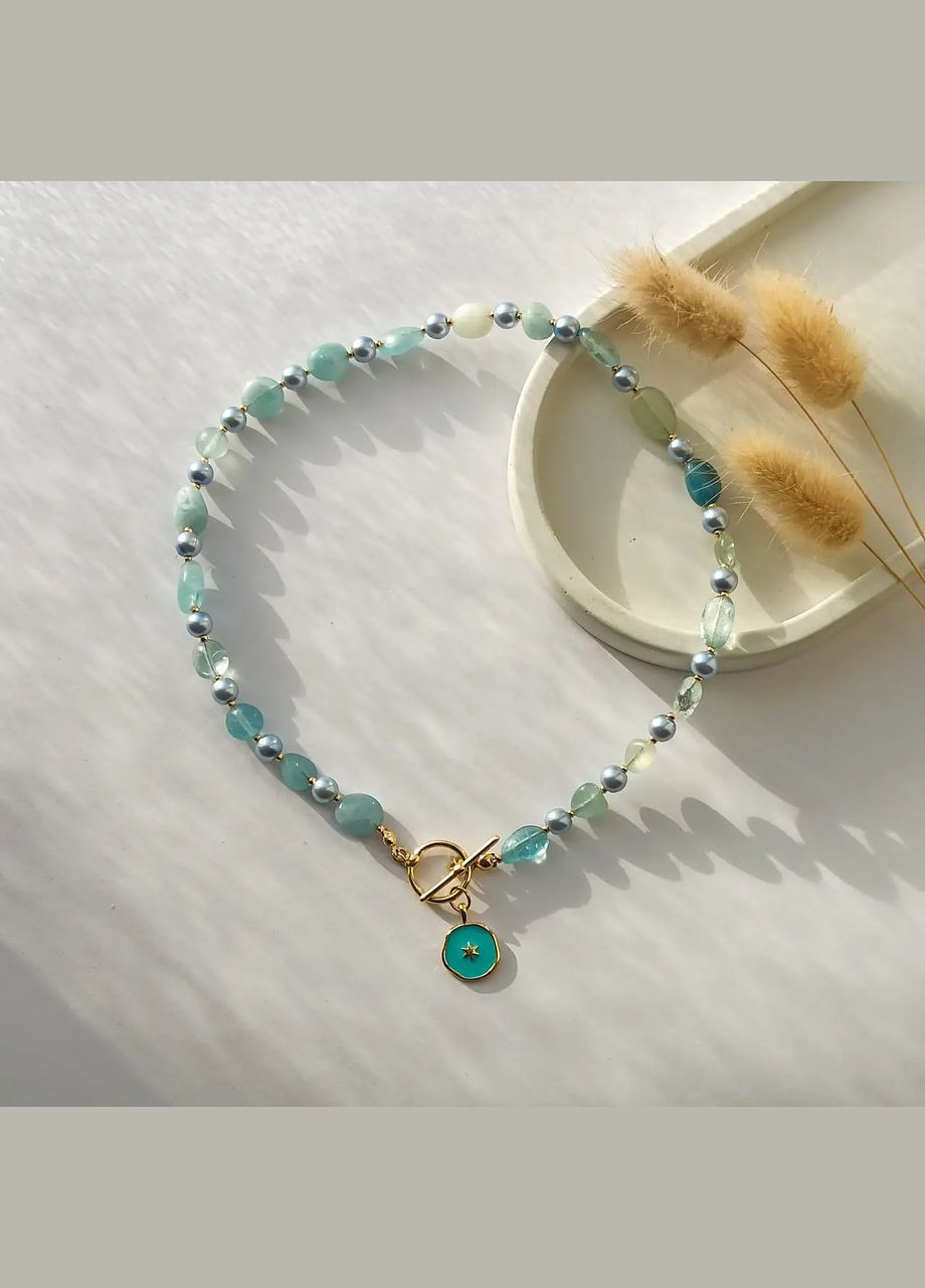 Чокер натуральний Аквамарин, Майорка бузкова (скло), фур-ра гіп-ний сплав колір золото d-7х6мм+- L-40см No Brand аквамарин латунь, скло золото (315516302)